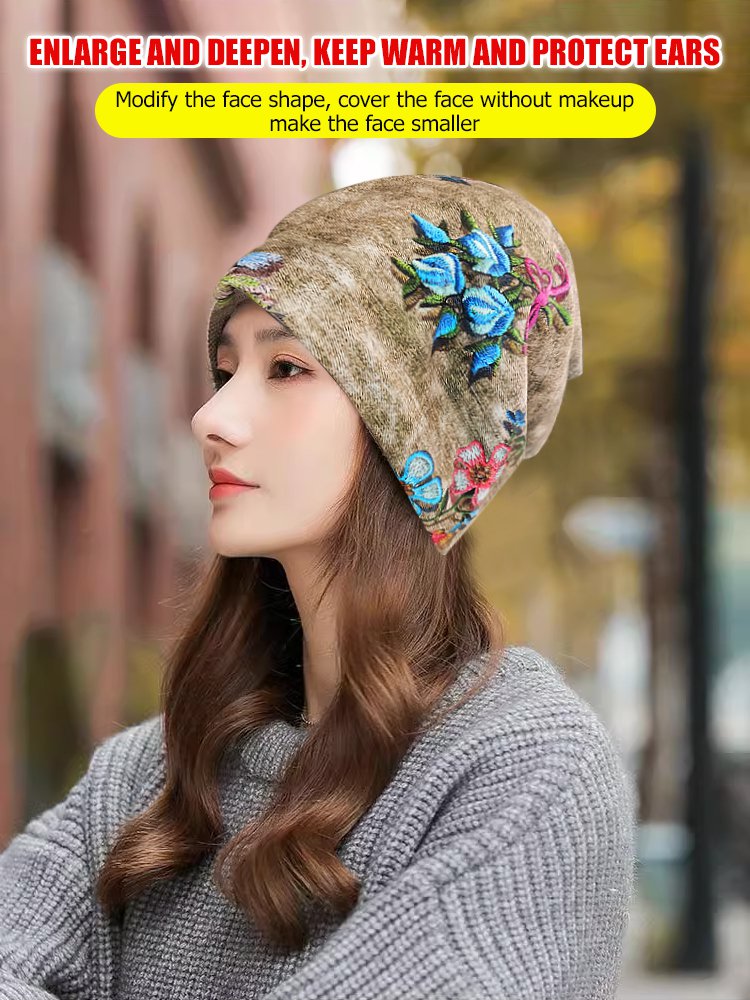 Versatile knitted pile hat with small embroidered flowers that show your face